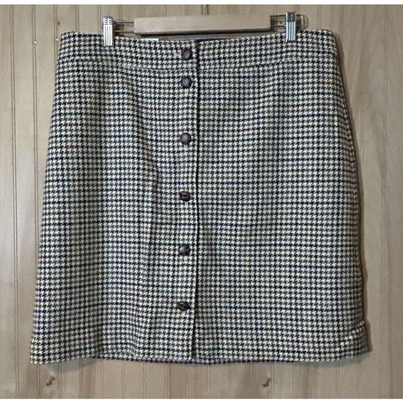 Talbots Women’s 16 Wool Blend Tan Houndstooth Button Up Lined Skirt - Picture 1 of 7
